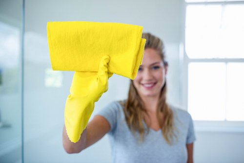 Team member checking carpet cleaning safety procedures
